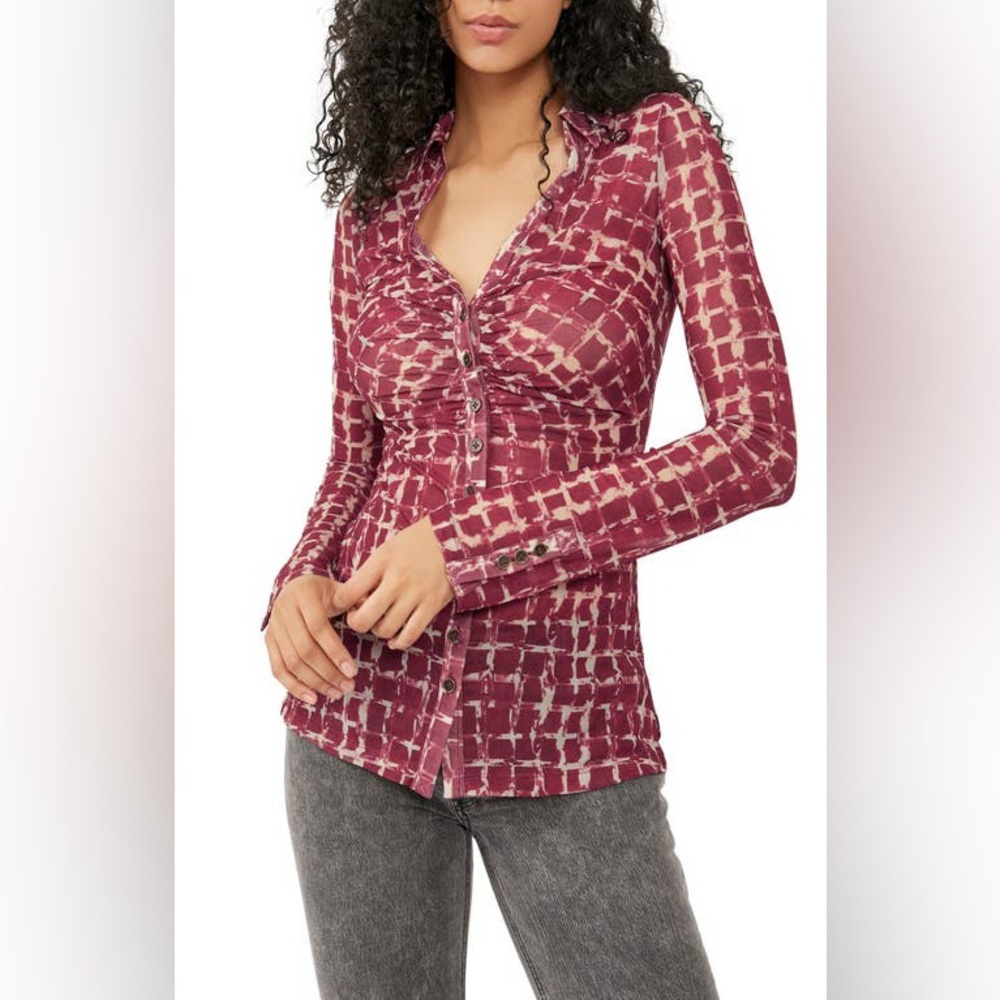 Free People Lucky Shirtee Long-Sleeve Button-Up Sheer Wine 🍷 Red Blouse Top S